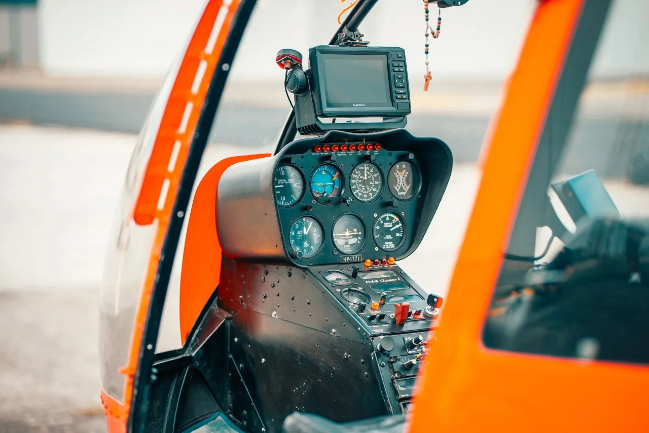 The instrument panel inside a helicopter cockpit