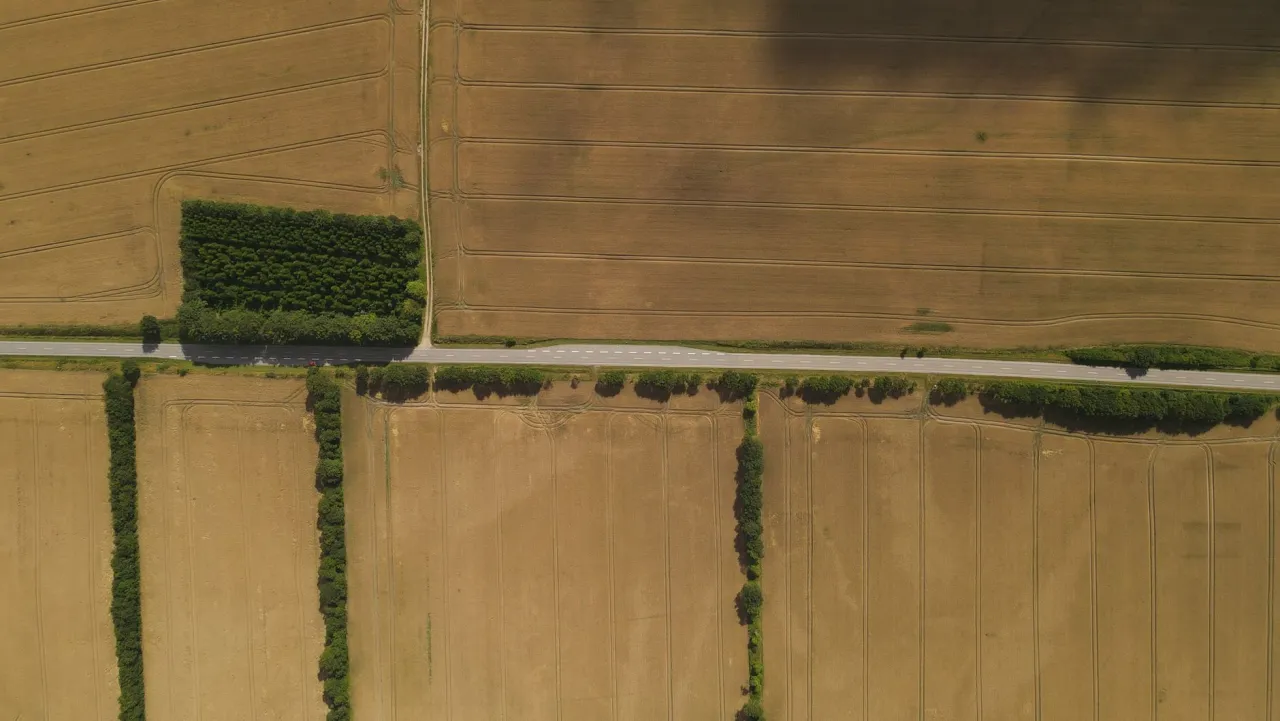 Farmland and fields seen from above