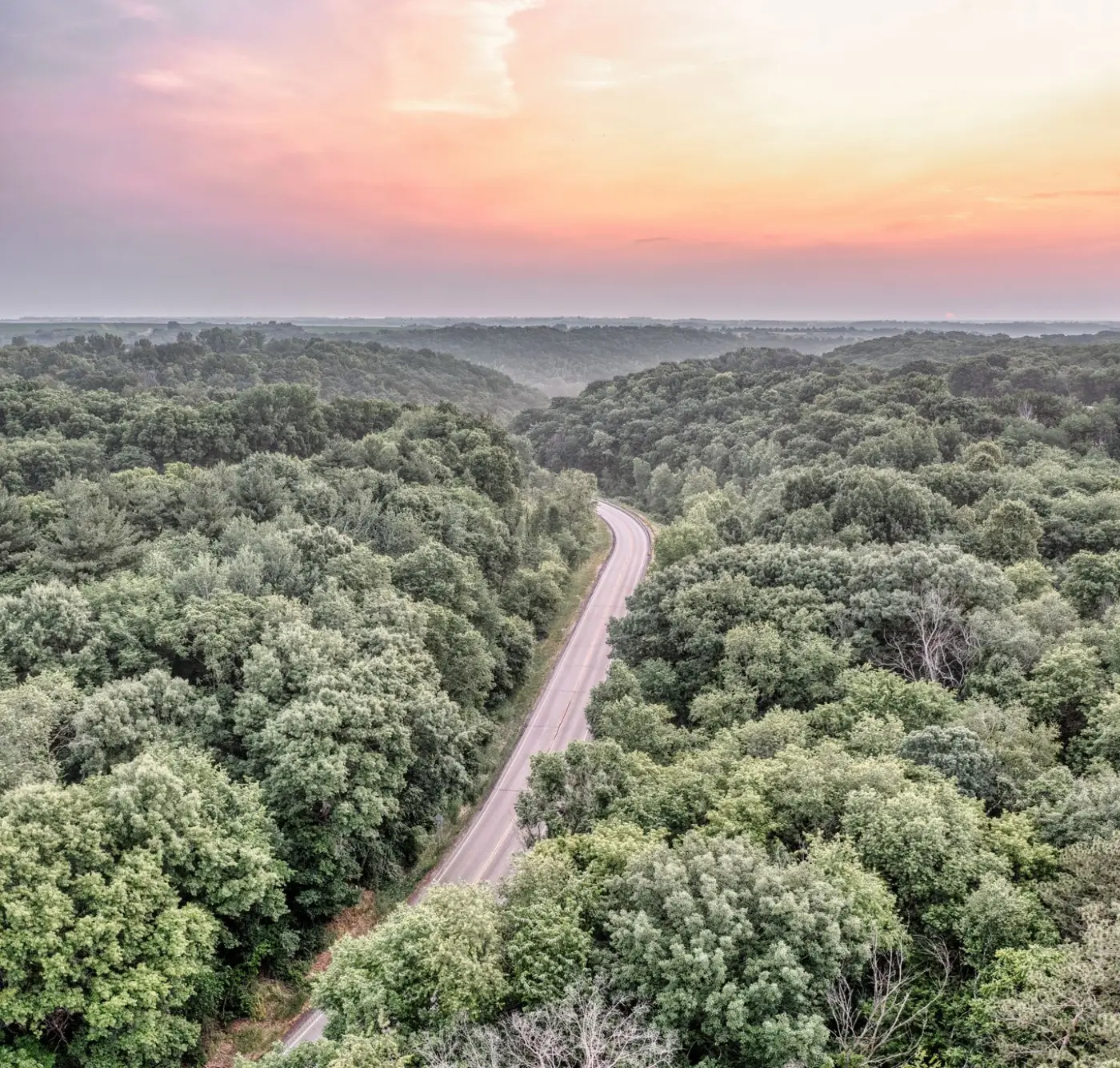 A road winding through forest at dusk from above